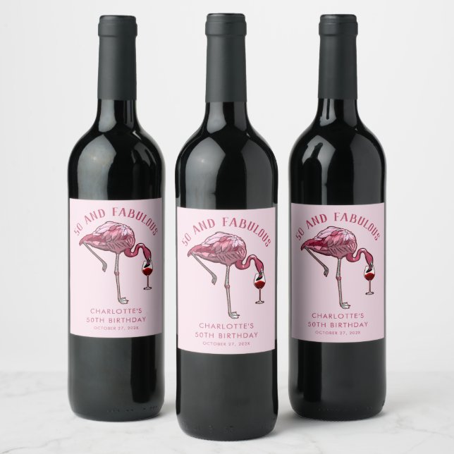 Modern Pink Flamingo 50th Birthday Party Custom Wine Label (Bottles)