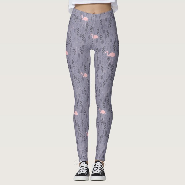 Modern Pink Flamingo Dark Purple floral Patterned Leggings (Front)