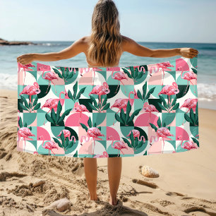 Modern Pink Flamingo Geometric Girly Chic Pattern Beach Towel