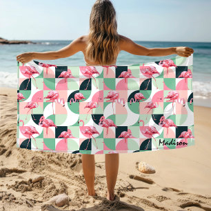 Modern Pink Flamingo Geometric Girly Personalised Beach Towel