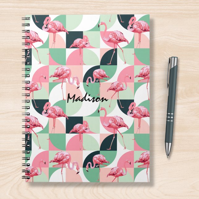 Modern Pink Flamingo Geometric Girly Personalised Notebook (Creator Uploaded)