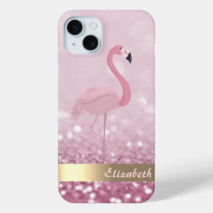 Modern Pink Flamingo Glitter Bokeh - Personalised iPhone 15 Mini Case