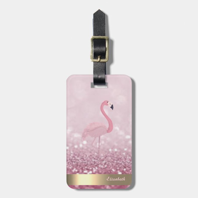 Modern Pink Flamingo  Glitter Bokeh - Personalised Luggage Tag (Front Vertical)