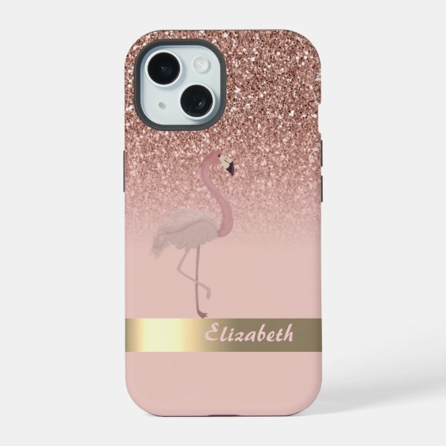 Modern Pink Flamingo Glitter Sequin iPhone 15 Case (Back)