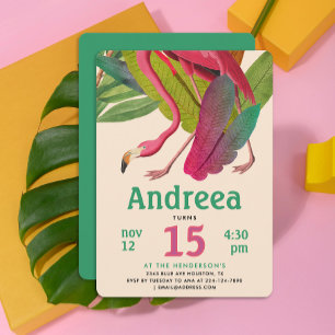 Modern Pink Flamingo Green Tropical Summer Leaves Invitation