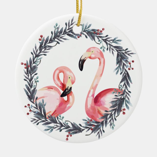 Modern Pink Flamingos in Wreath tropical Christmas Ceramic Tree Decoration (Front)