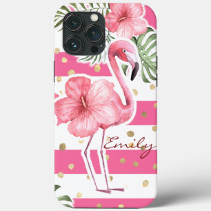 Modern Pink Flamingos Tropical Floral Personalised iPhone 13 Pro Max Case