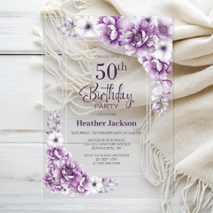 Modern Pink Floral 50th Birthday Party Acrylic Invitations