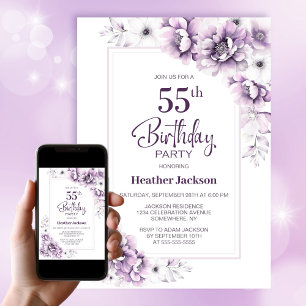 Modern Pink Floral 55th Birthday Party Invitation