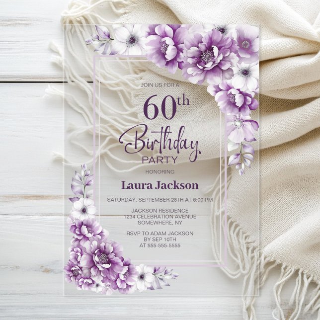 Modern Pink Floral 60th Birthday Party Acrylic Invitations (Creator Uploaded)