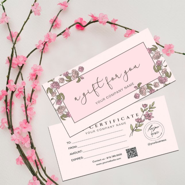 Modern Pink Floral Add Logo Gift Certificate (Modern Pink Floral Add Logo Gift Certificate #floralgiftcard #pink #addlogo #girly)