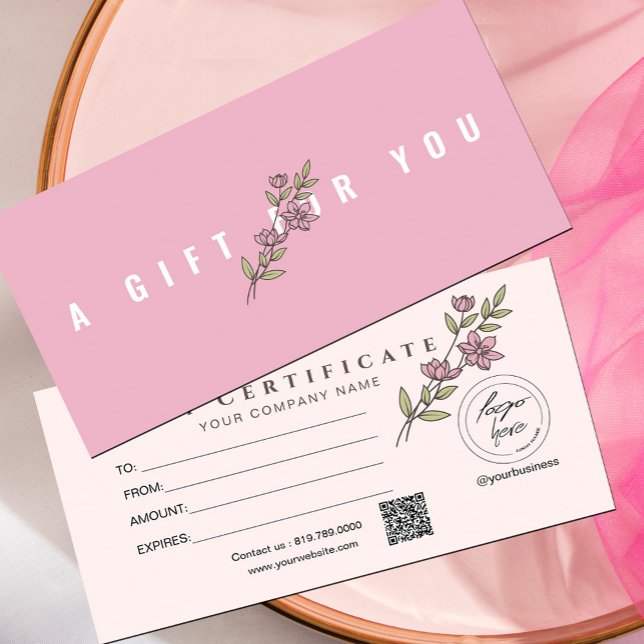 Modern Pink Floral Add Logo Gift Certificate (Modern Pink Floral Add Logo Gift Certificate #floralgiftcard #pink #addlogo #girly #minimalist)