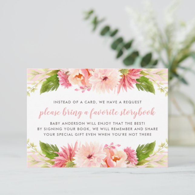 Modern Pink Floral Baby Shower Book Request Card (Standing Front)