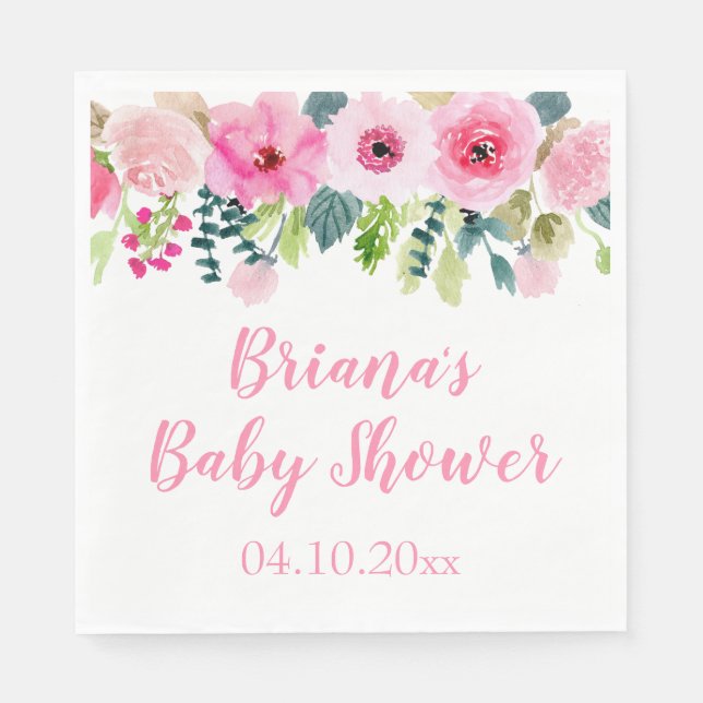 Modern Pink Floral Baby Shower Luncheon Napkin (Front)