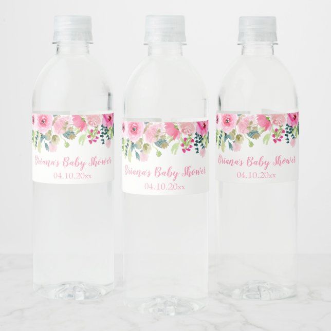 Modern Pink Floral Baby Shower Water Bottle Label (Bottles)