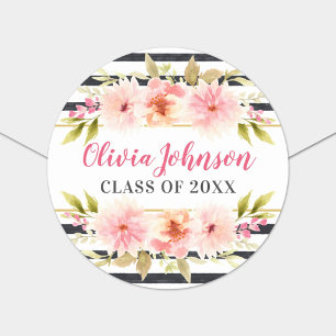 Modern Pink Floral Black Stripes Custom Graduation Classic Round Sticker