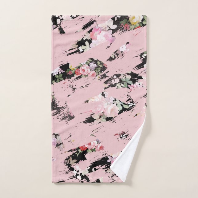 Modern Pink Floral Black Watercolor Brushstrokes Hand Towel (Hand Towel)