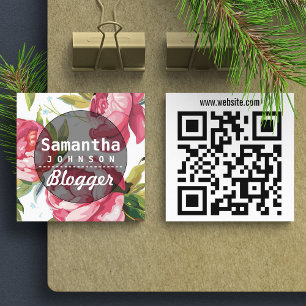 Modern Pink Floral Blogger QR Code Square Business Card