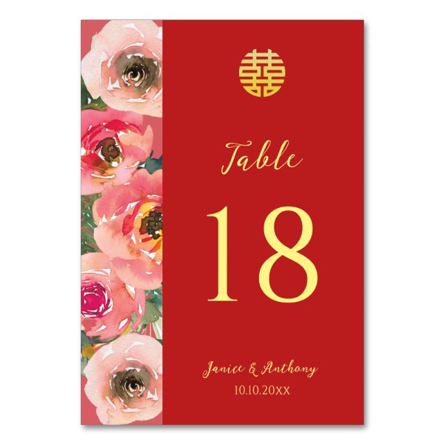 Modern pink floral border chinese wedding  table number (Front)
