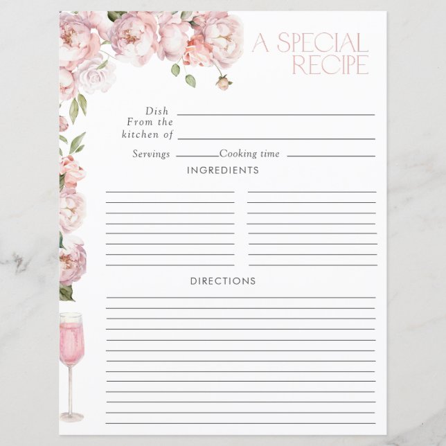 Modern Pink Floral Bridal Shower Recipe (Front)