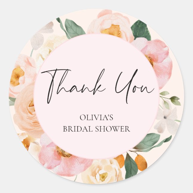 Modern Pink Floral Bridal Shower Thank You Classic Round Sticker (Front)