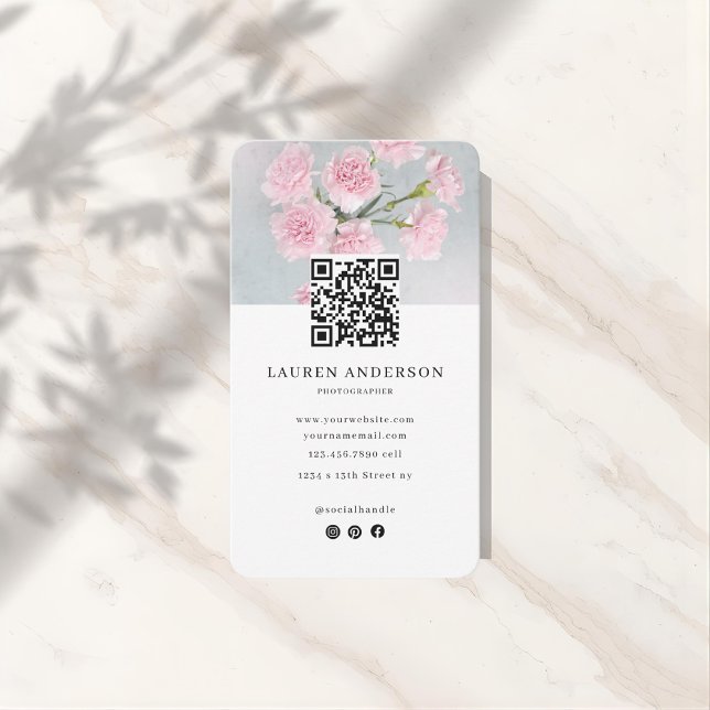 Modern Pink Floral Business Card with Photo & QR  (Creator Uploaded)