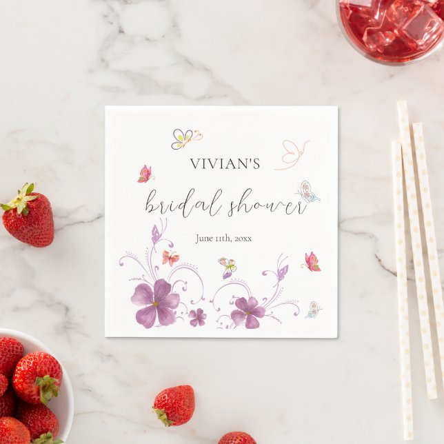 Modern Pink floral Butterflies Bridal Shower  Napkin (Insitu)