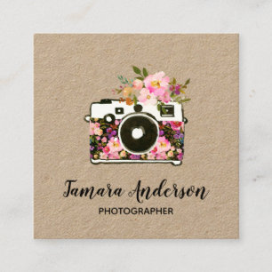 Modern Pink Floral Camera Photographer Kraft Square Business Card