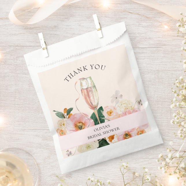 Modern Pink Floral Champagne Bridal Shower Favour Bags (Clipped)