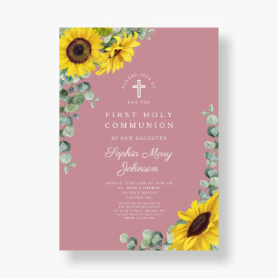 Modern Pink Floral Cross First Communion Invitation
