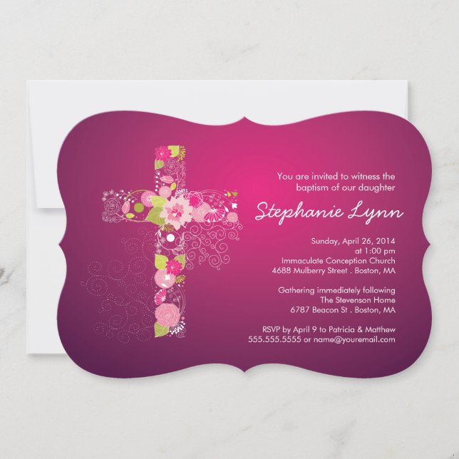 Modern Pink Floral Cross Girls Baptism Invitation (Front)
