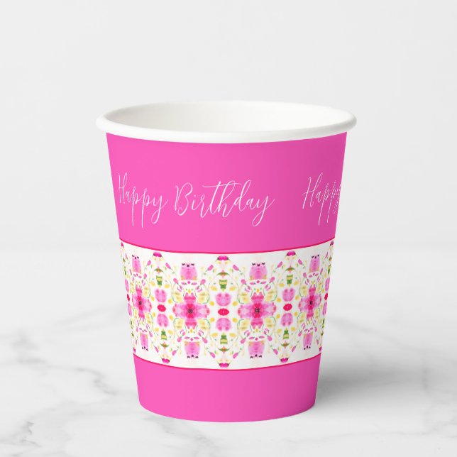 Modern Pink Floral Designer Paper Cups (Front)