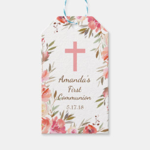 Modern Pink Floral First Communion Gift Tag