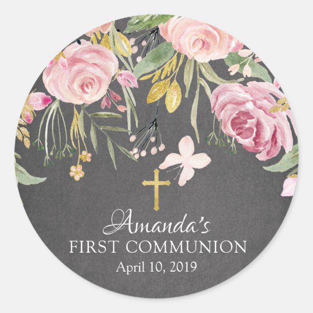 Modern Pink Floral First Holy Communion Sticker (Front)