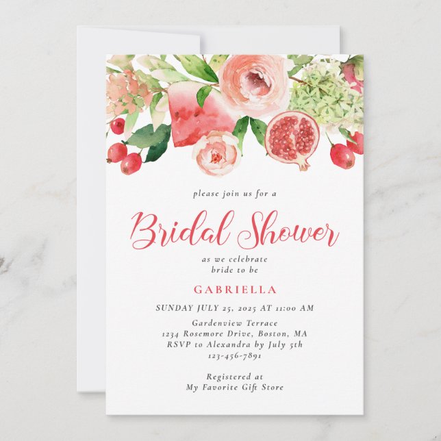 Modern Pink Floral Fruit Watercolor Bridal Shower Invitation (Front)