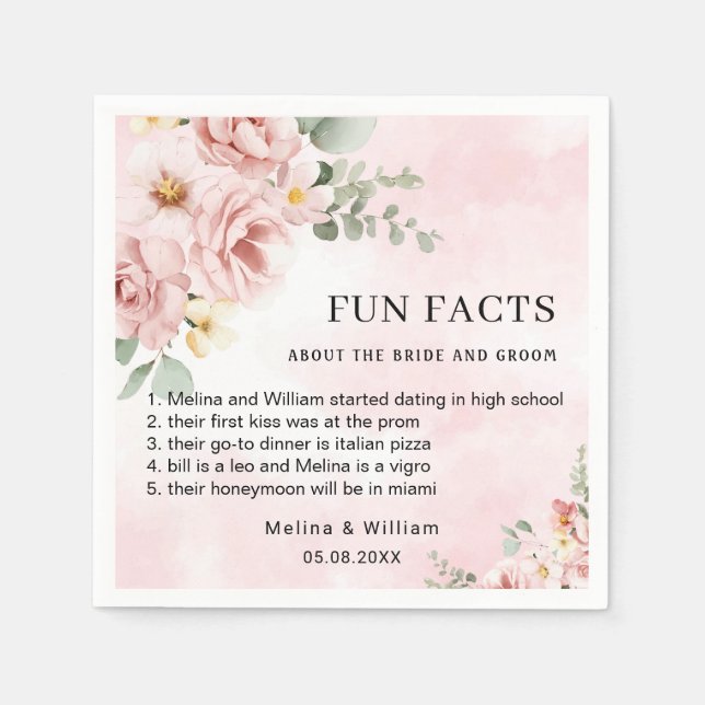 Modern Pink Floral Fun Facts Wedding  Napkin (Front)