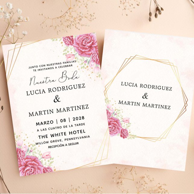 Modern Pink Floral Gold Spanish Nuestra Boda Invitation (Creator Uploaded)