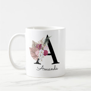Modern Pink Floral Initial A Coffee Mug