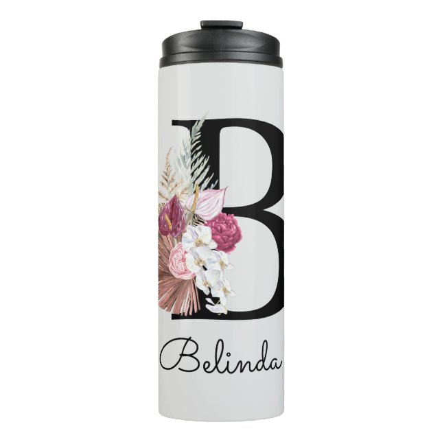 Modern Pink Floral Initial B Thermal Tumbler (Front)