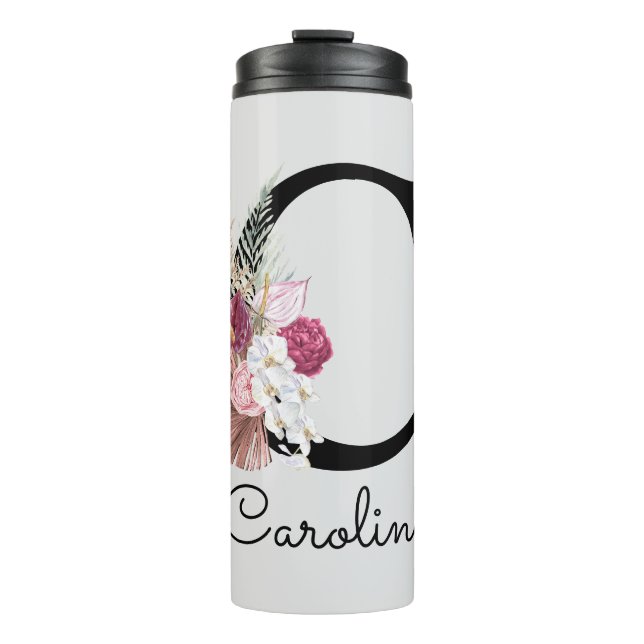Modern Pink Floral Initial C Thermal Tumbler (Front)