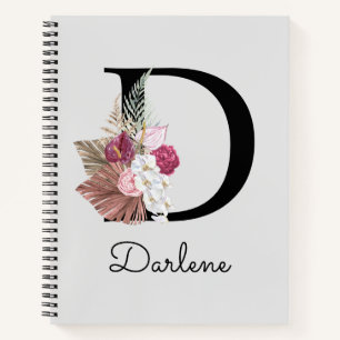 Modern Pink Floral Initial D Notebook