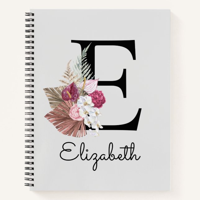 Modern Pink Floral Initial E Notebook (Front)