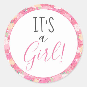 Modern Pink Floral It's a Girl! Baby Sprinkle Classic Round Sticker