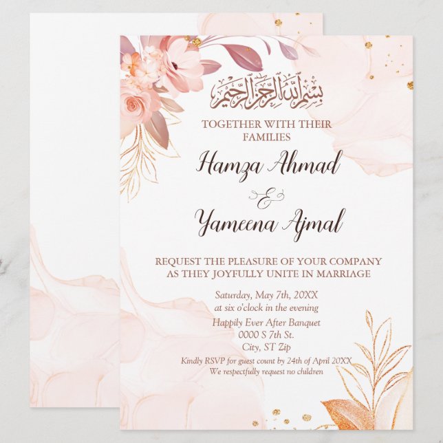 Modern Pink Floral Muslim Islamic Wedding  Invitation (Front/Back)