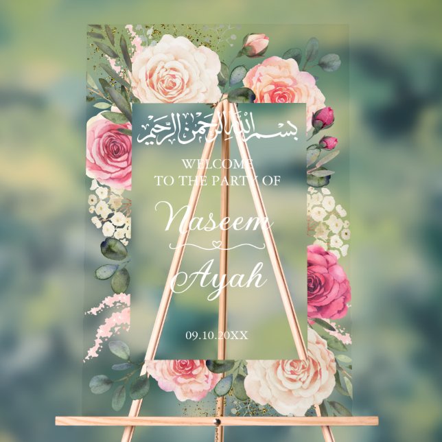 Modern Pink Floral Muslim Islamic Welcome  Acrylic Sign (Neutral)