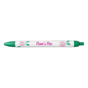 Modern Pink Floral Name Black Ink Pen