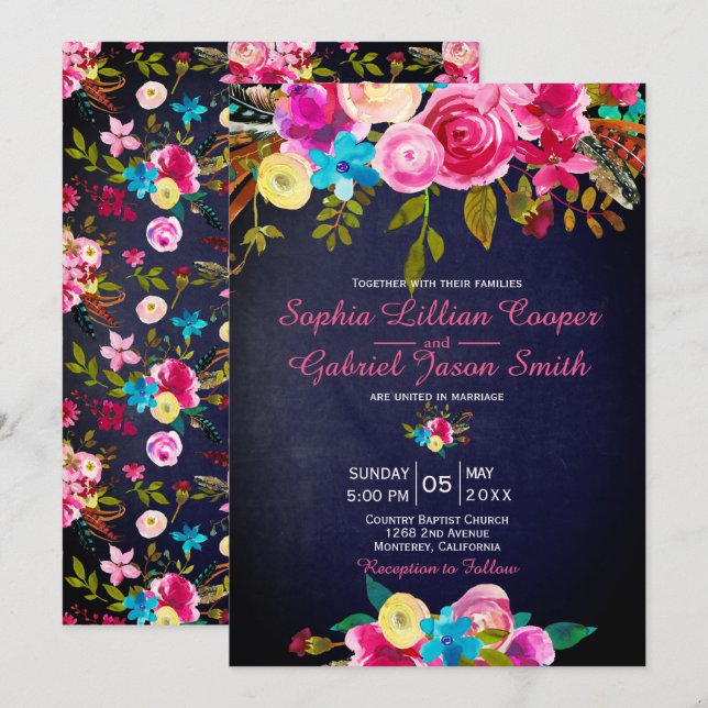 Modern Pink Floral Navy Blue Typography Wedding Invitation (Front/Back)