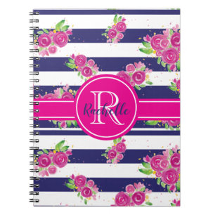 Modern Pink Floral Navy Striped Stylish Monogram Notebook