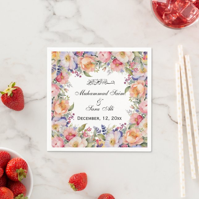 Modern Pink Floral Nikah Muslim Invitation Napkin (Insitu)