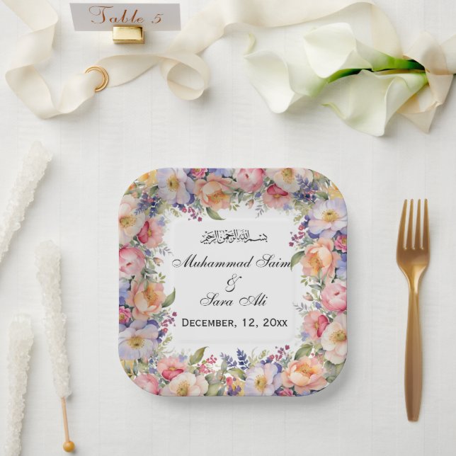 Modern Pink Floral Nikah Muslim Invitation Paper Plate (Wedding)